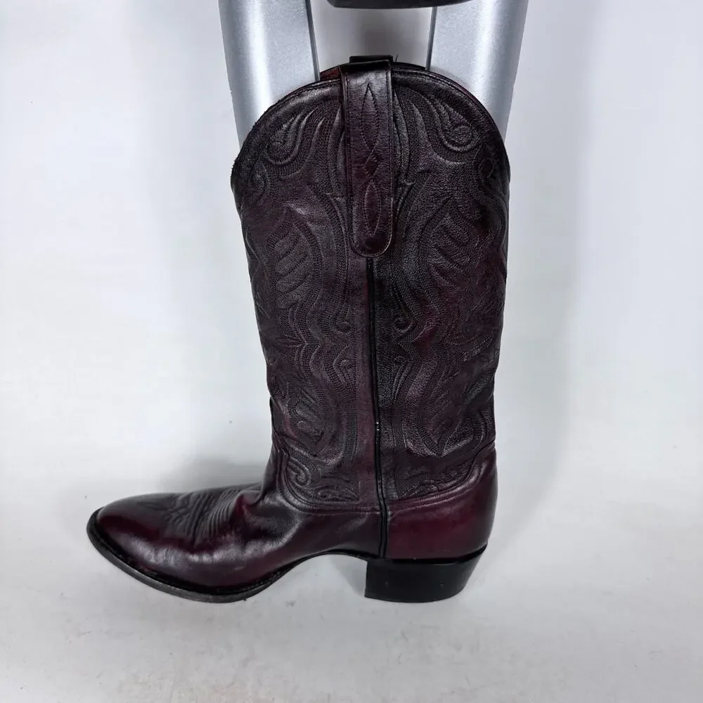 Vintage Larry Mahan Cowboy Boots Men's 9 Maroon Leather Embroidered Western